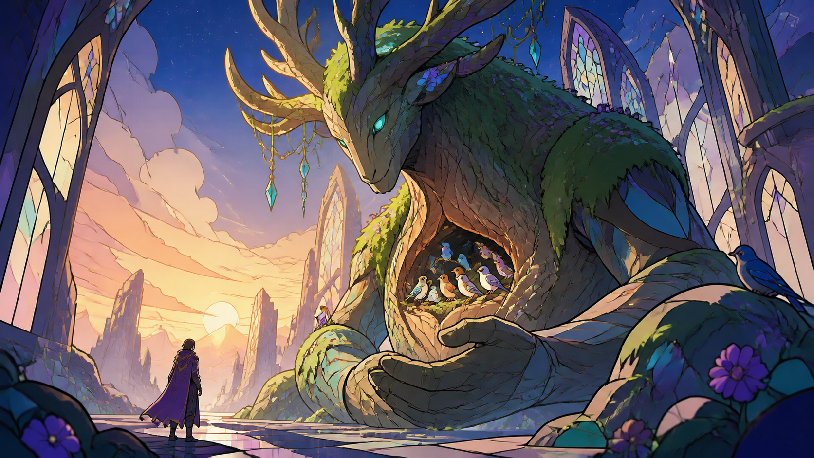 A gentle moss-covered guardian with a hollow chest full of songbirds, resting beside traces of an ancient civilization at dawn. Low-angle encounter framed by terrain and atmospheric depth. Apricot, orchid purple, pool tu