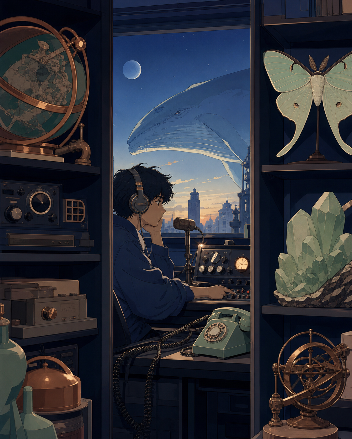 A late-night radio host receiving calls from listeners in alternate cities, during a quiet shift filled with tactile analog equipment. Cinematic view through shelves toward a surprising opening in the back. Moonlit indig