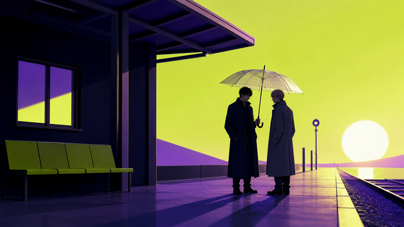Two adult rivals sharing an umbrella after missing the last train, during a bittersweet transition with the environment carrying the emotion. Cinematic two-person frame using architecture and negative space to express th