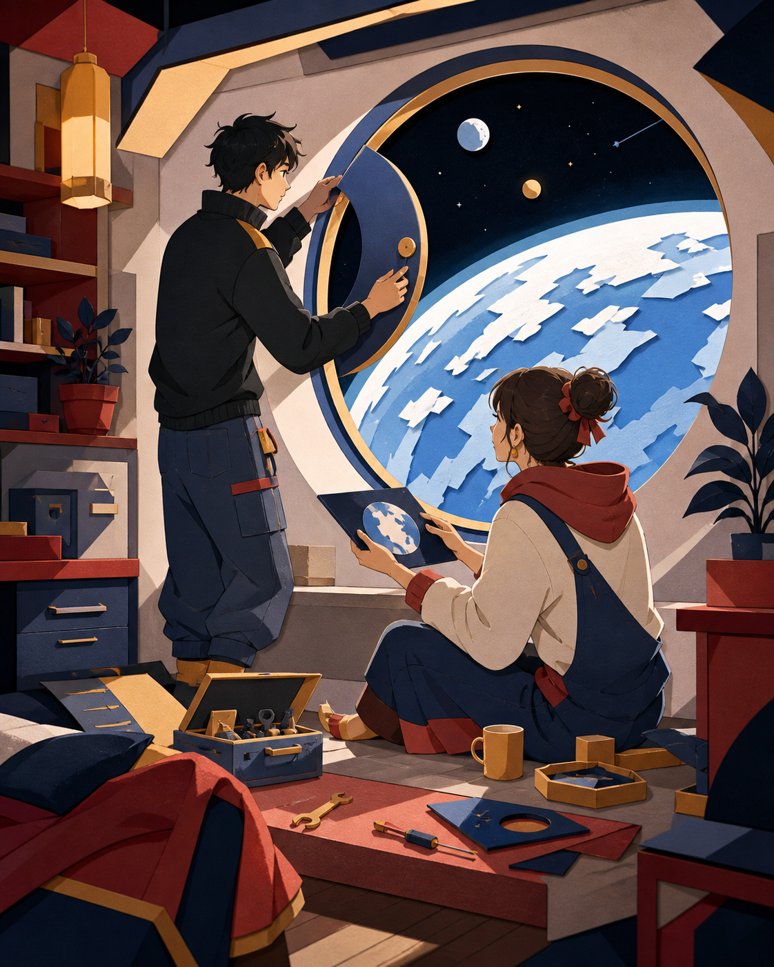 Two roommates repairing a window view that is displaying the wrong planet, while distant space remains a quiet backdrop rather than the main event. Cozy interior-wide frame with space visible through one large opening. P