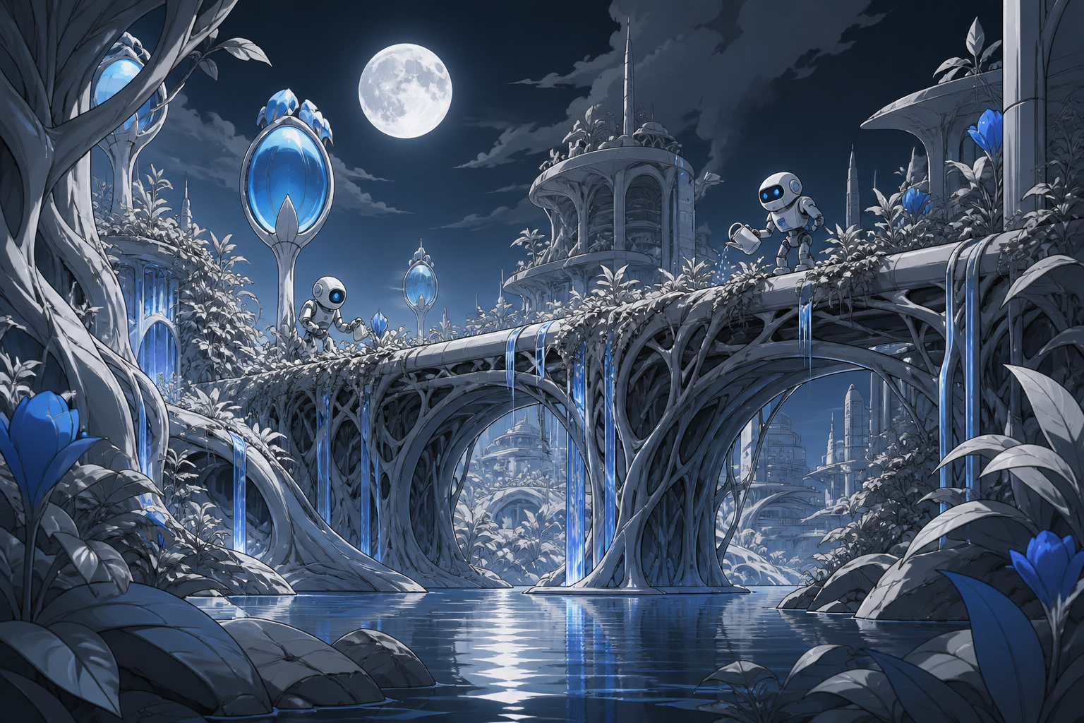 A city bridge grown from living roots and maintained by gardener robots, after rainfall activates hidden biological structures throughout the scene. Lush environmental composition with technology discovered gradually amo