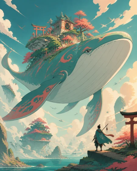 A colossal sky whale carrying a miniature shrine garden on its back, meeting a lone traveler without hostility for the first time. Majestic full-body creature composition with envi