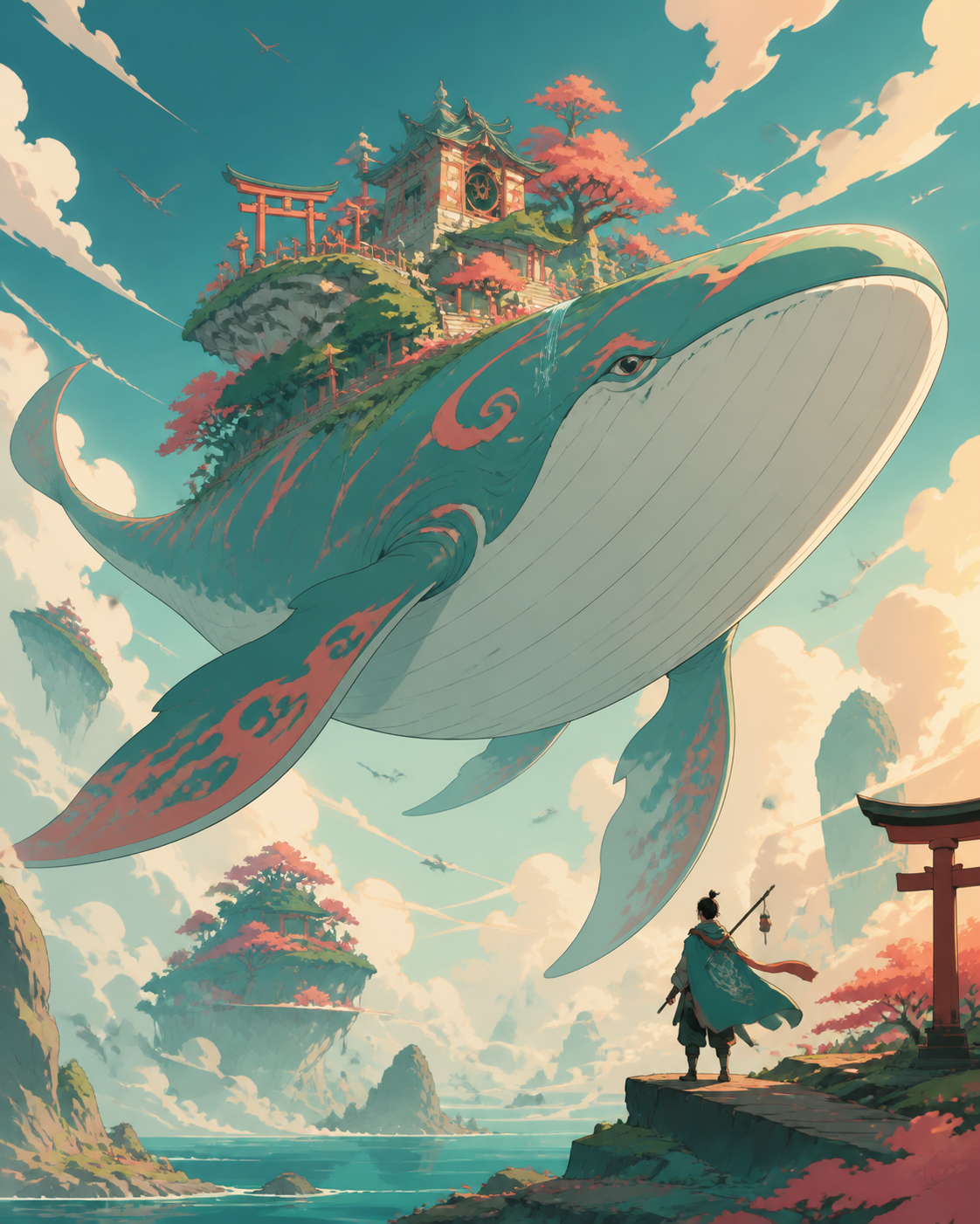 A colossal sky whale carrying a miniature shrine garden on its back, meeting a lone traveler without hostility for the first time. Majestic full-body creature composition with environmental scale cues. Celadon, coral pin