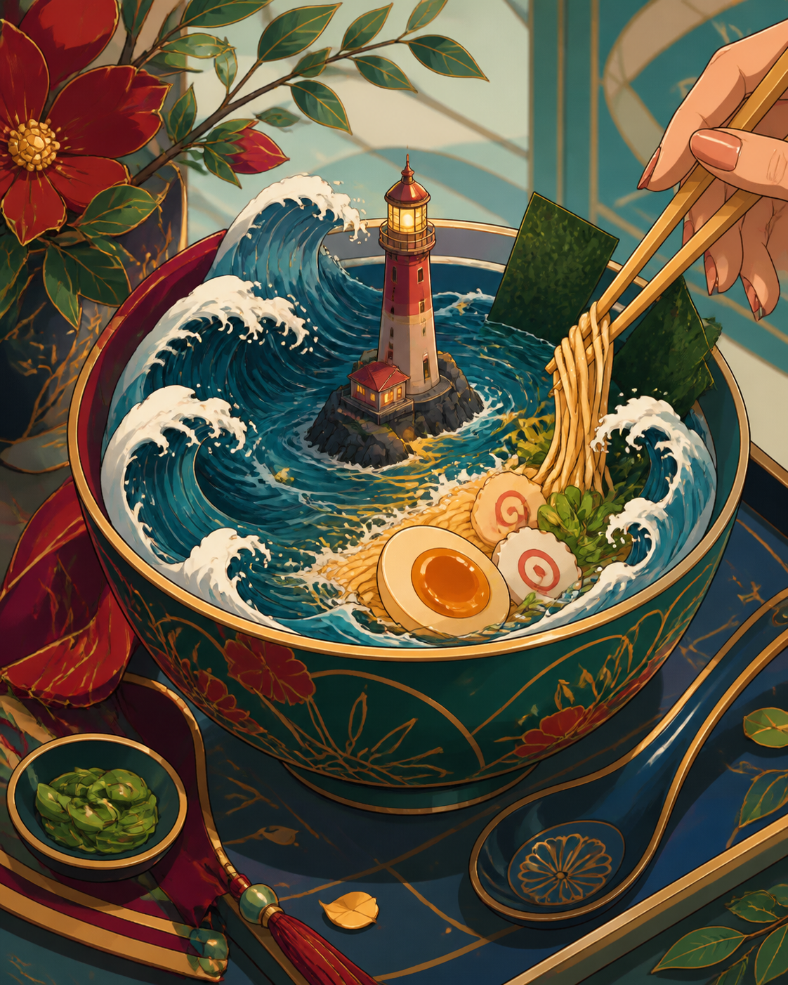 A midnight ramen bowl containing a tiny stormy ocean and lighthouse, presented moments before someone takes the first bite. Carefully composed tabletop still life viewed slightly from above. Emerald, stained-glass ruby, 