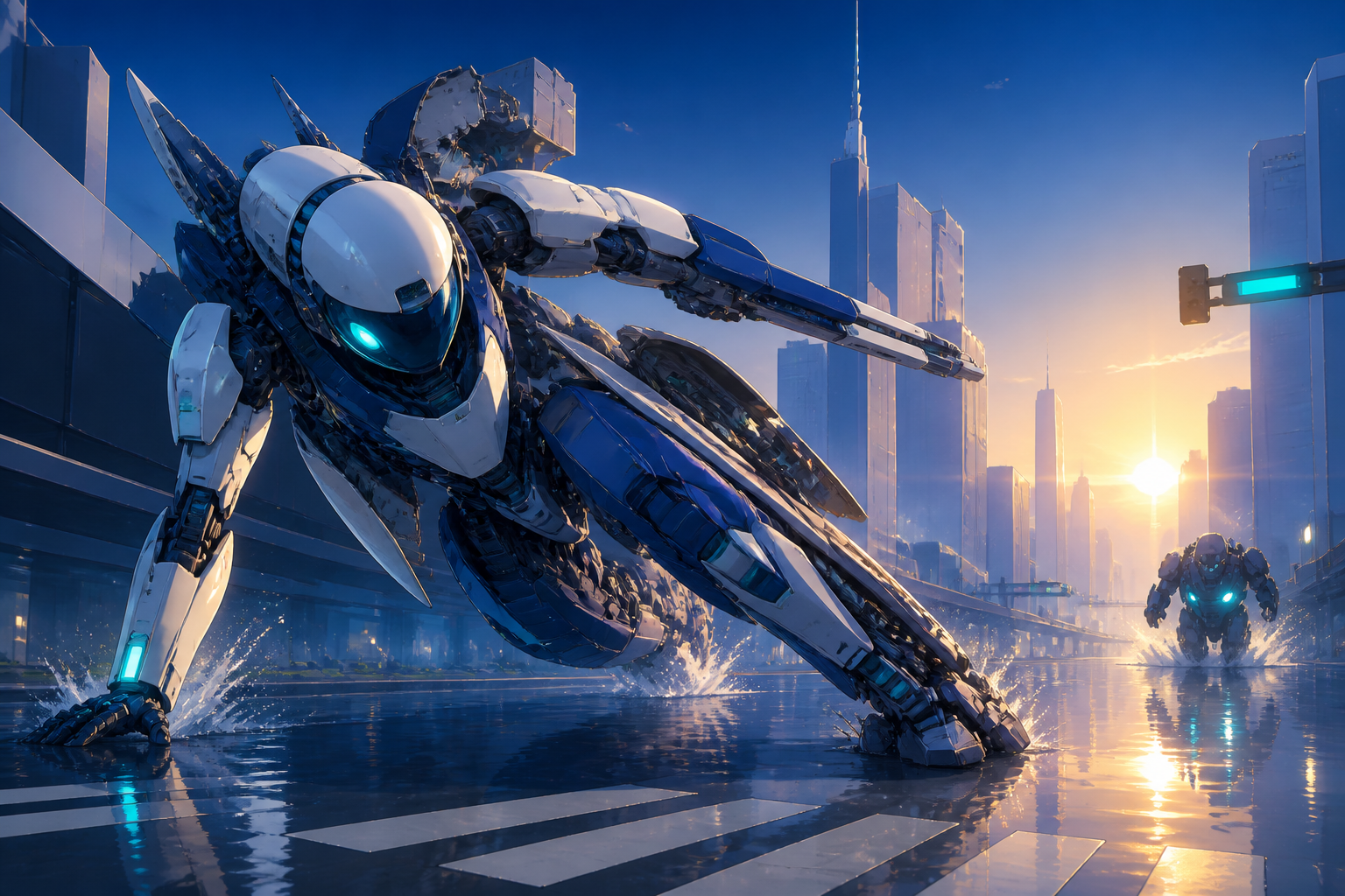 A deep-space maintenance suit unfolding into an asymmetrical combat machine, skidding across a flooded megacity intersection during a decisive chase. Dynamic low-angle action frame with a strong diagonal movement line. U