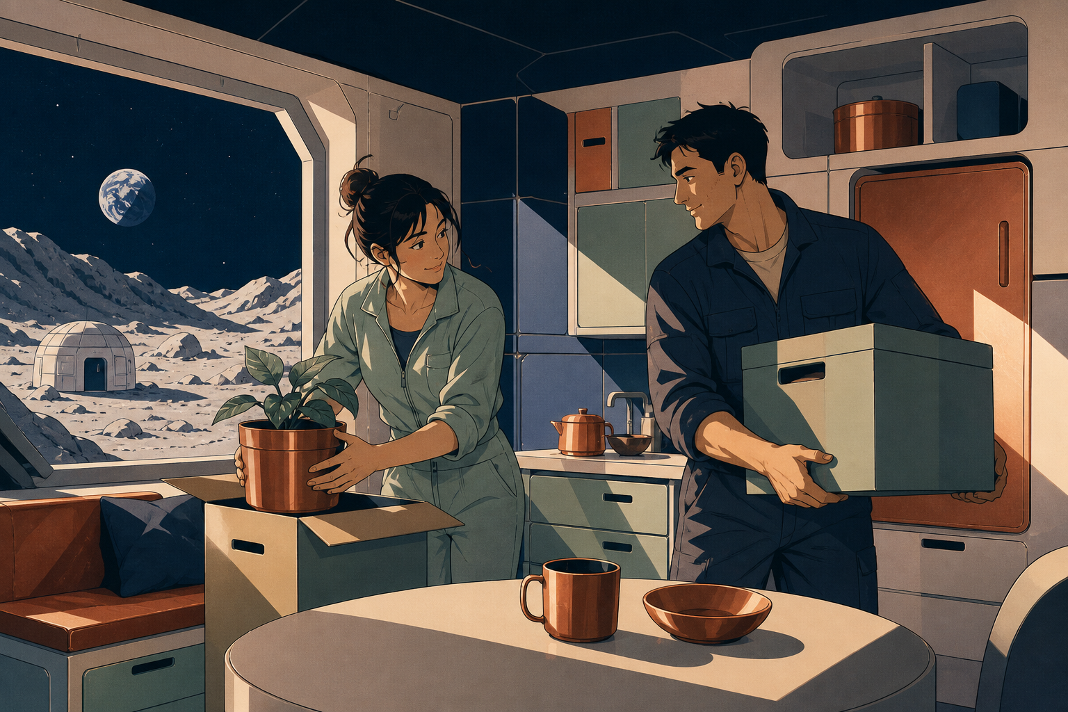 An adult couple moving household belongings into a tiny apartment on the moon, shown as ordinary domestic life in an extraordinary location. Intimate table-level composition anchored by a shared everyday task. Moonlit in