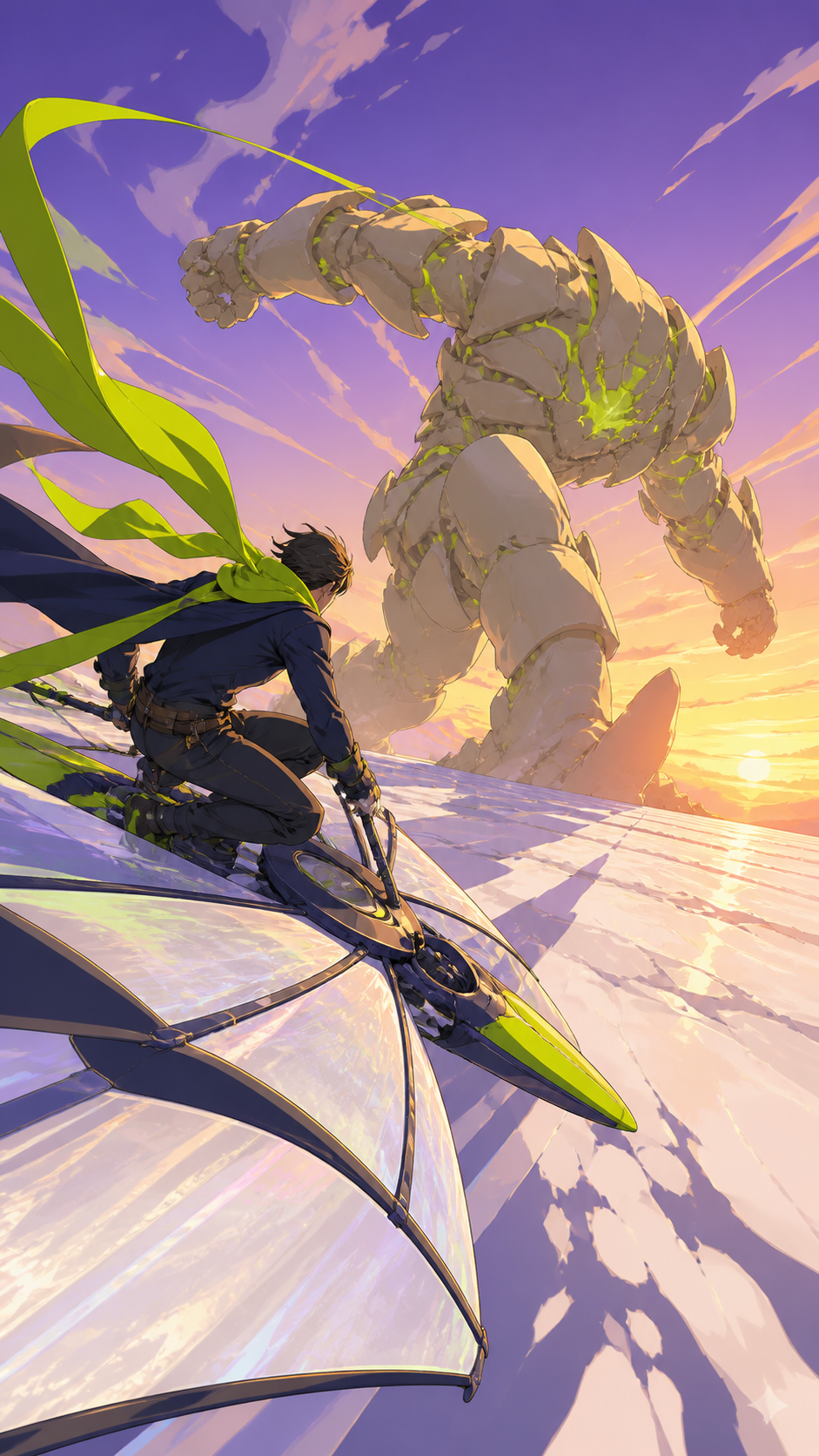 An adult wind rider racing a sand golem across an open salt plain, shown through skillful movement and environmental interaction. Wide action frame with a single unmistakable movement direction. Acid lime, ultraviolet, m