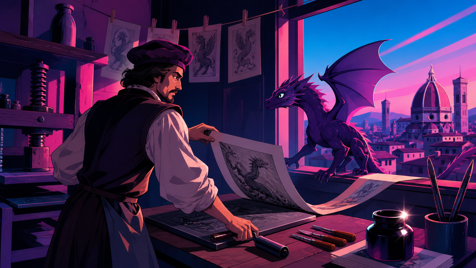 A Renaissance-era printmaker whose illustrated creatures leave the page at night, grounded in convincing period materials with one restrained supernatural event. Painterly historical scene centered on work, place, and at
