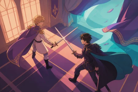 An exiled prince and palace captain crossing blades without hatred, as an unexpected environmental change interrupts the duel. High-angle geometric composition built around crossin
