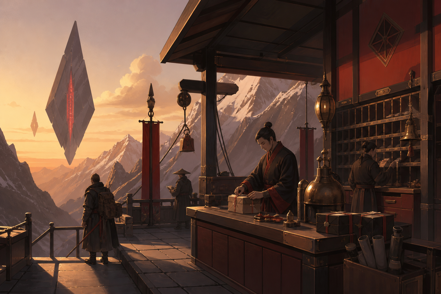 A mountain postal station serving travelers from several impossible centuries, grounded in convincing period materials with one restrained supernatural event. Painterly historical scene centered on work, place, and atmos
