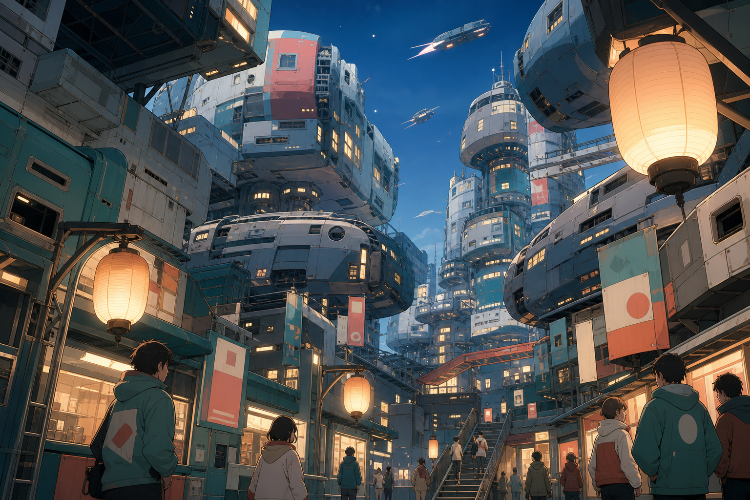 A dense orbital neighborhood assembled from retired spacecraft, during the blue hour as thousands of windows begin to glow. Street-level cinematic view looking upward through layered architecture. Sea-glass green, faded 