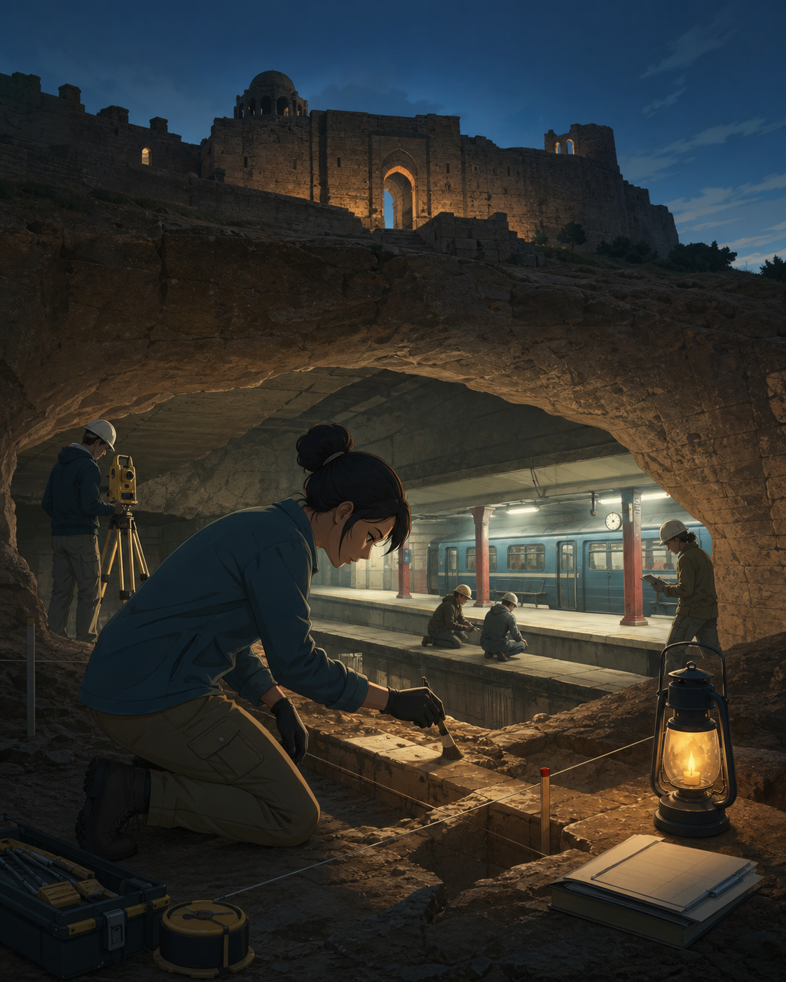 An adult archaeologist uncovering a subway platform beneath an ancient hill fort, during patient fieldwork rather than treasure-hunting spectacle. Wide site view showing the relationship between researchers and discovery