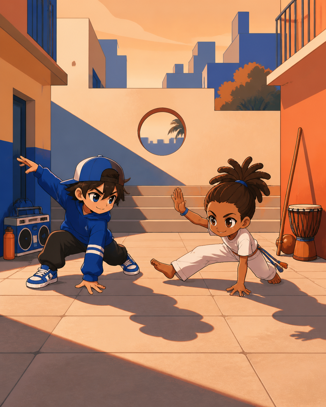 A street dancer and a capoeira fighter improvising a friendly duel, in a calm location whose stillness contrasts with precise movement. Symmetrical pre-duel composition broken by one sudden gesture. Cobalt, persimmon ora