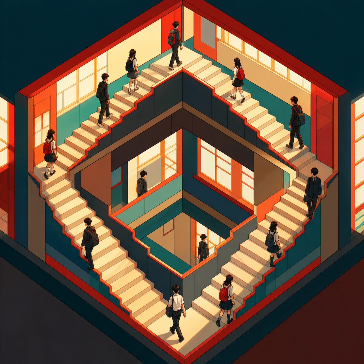 Students walking along several sides of the same school staircase, during ordinary activity that treats impossible geometry as normal. Carefully centered architectural view exposing the complete paradox. Vermillion, char