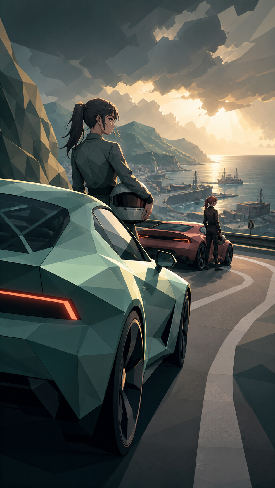 Women drivers preparing hand-built electric coupes beside a harbor, on a winding coastal road under rapidly changing light. Low tracking angle beside the leading car through a strong curve. Sea-glass green, faded coral, 