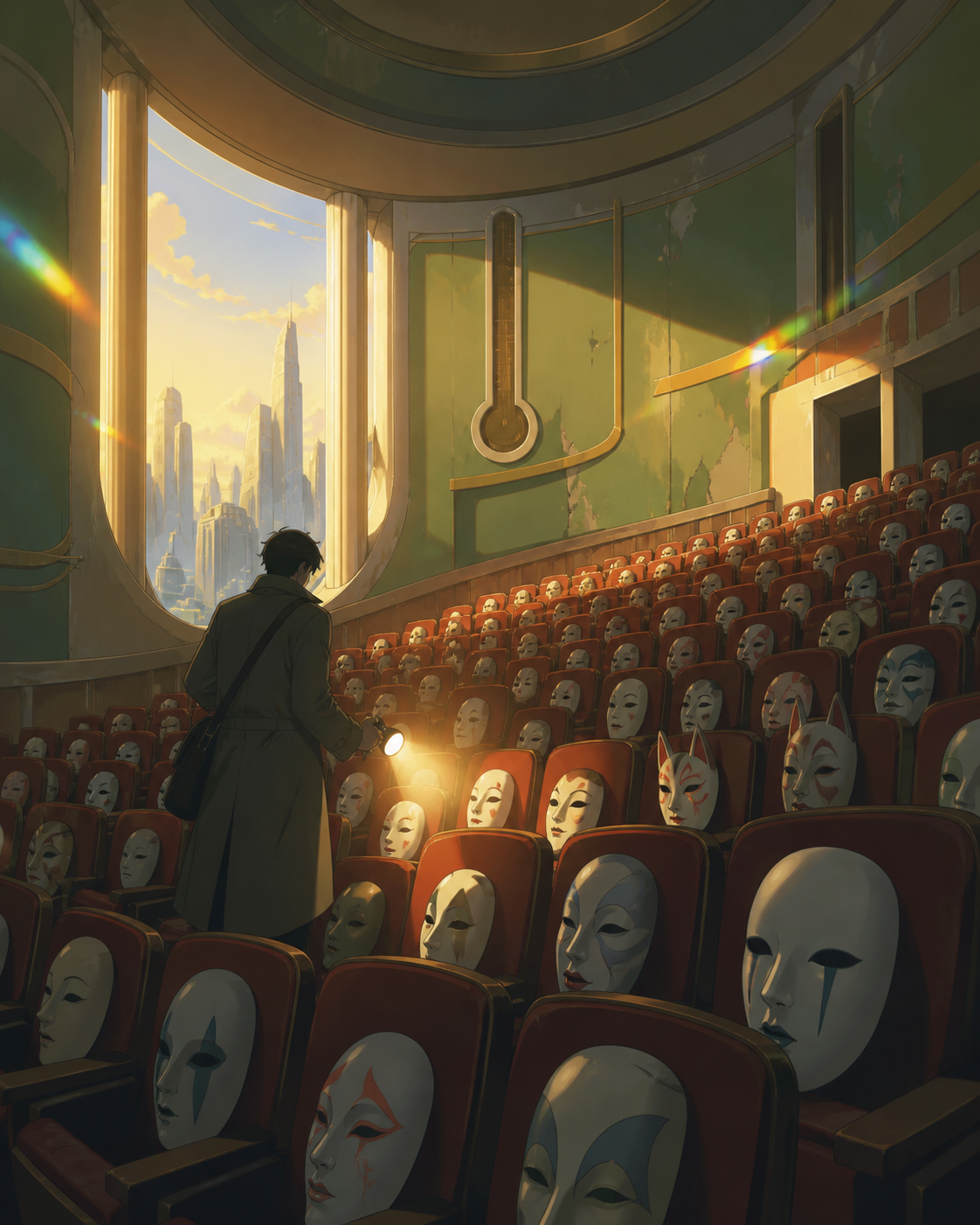 An abandoned theater where every empty seat holds a different porcelain mask, explored by one cautious adult carrying a weak practical light. Suspenseful deep-perspective composition with the threat implied rather than c