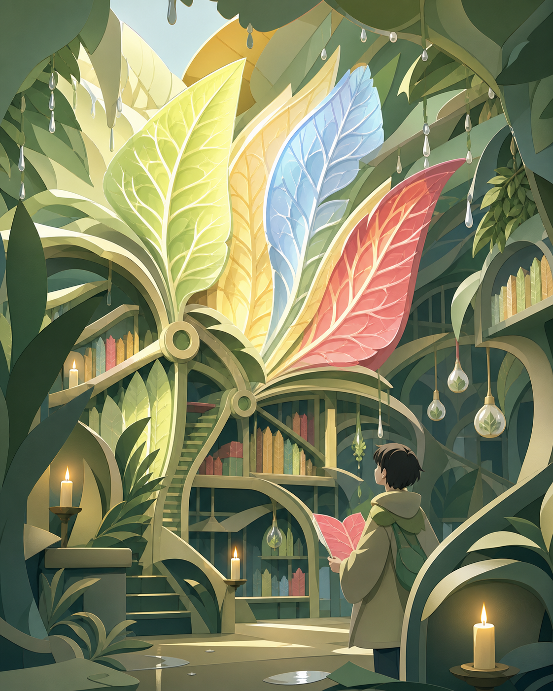 A library whose books are encoded in the changing colors of enormous leaves, after rainfall activates hidden biological structures throughout the scene. Lush environmental composition with technology discovered gradually