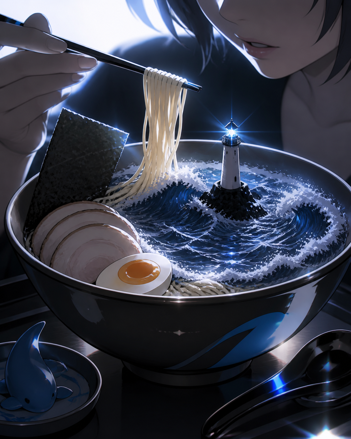 A midnight ramen bowl containing a tiny stormy ocean and lighthouse, presented moments before someone takes the first bite. Intimate close-up with shallow depth and layered foreground details. Soft monochrome with a sing