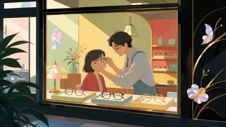 An adult optician fitting spectacles that reveal overlooked kindness, shown as a warm neighborhood business rather than a grand magical institution. View from outside the window in