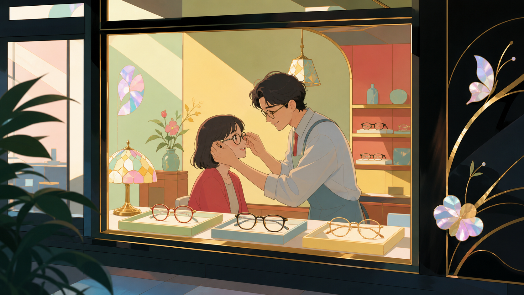 An adult optician fitting spectacles that reveal overlooked kindness, shown as a warm neighborhood business rather than a grand magical institution. View from outside the window into a warmly arranged interior. Soft pist