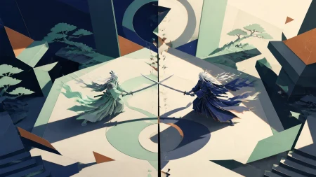 Two spirit samurai settling a century-old argument through one final form, in the instant both combatants realize the conflict has another solution. High-angle geometric compositio