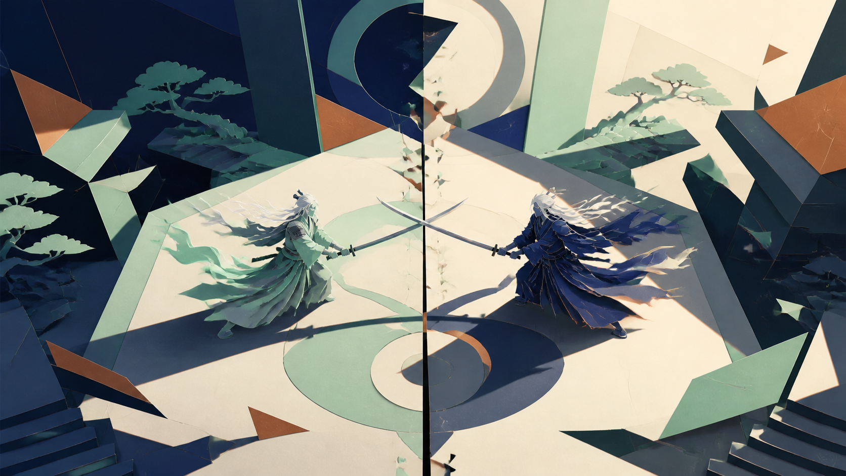 Two spirit samurai settling a century-old argument through one final form, in the instant both combatants realize the conflict has another solution. High-angle geometric composition built around crossing movement paths. 