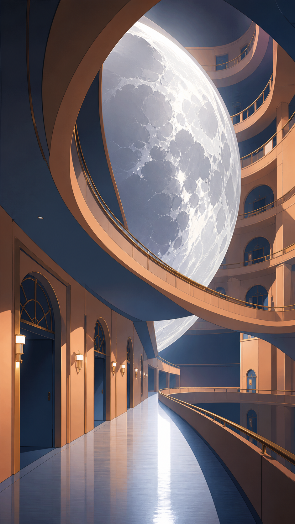 An impossible hotel whose hallways curve around a captive moon, shown empty just before its inhabitants wake. Dramatic vertical composition emphasizing scale and impossible geometry. Sun-bleached peach, desert ochre, coo